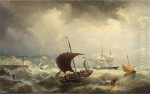Sailing Vessels Off The Shore by Nicolaas Riegen