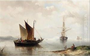 Dutch Estuary Scene With A Man-o'-war Firing A Salute And Fishing Boat In Foreground by Nicolaas Riegen