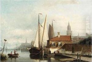 A View Of A Town With Sailing by Nicolaas Riegen