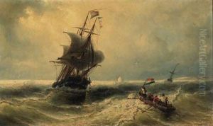 Sailors In A Rowing-boat Approaching A Dutch Three-master In Aswell by Nicolaas Riegen
