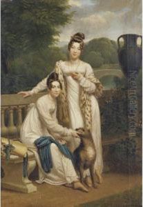 Portrait Of The Misses De Balleroy In A Landscape With A Dog by Henri-Francois Riesener