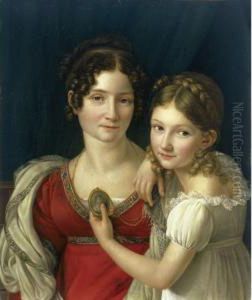 Portrait Of A Mother With Her Daughter Holding Up A Portrait Miniature In Her Left Hand by Henri-Francois Riesener