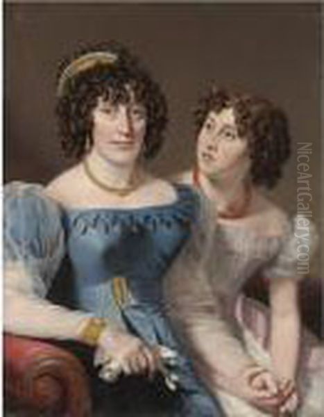 Portait Of A Lady And Her Daughter, Half Length, Seated On A Red Couch - view 1