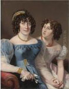 Portait Of A Lady And Her Daughter, Half Length, Seated On A Red Couch by Henri-Francois Riesener