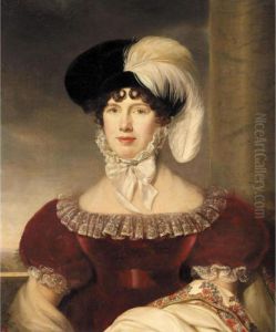 Portrait Of A Lady, Half-length,
 Wearing A Red Velvet Dress And A Black Hat With A White Plume