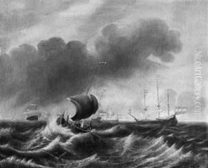 A Wijdschip And A Threemaster At Sea As A Storm Approaches, Othershipping Beyond by Hendrik Rietschoof