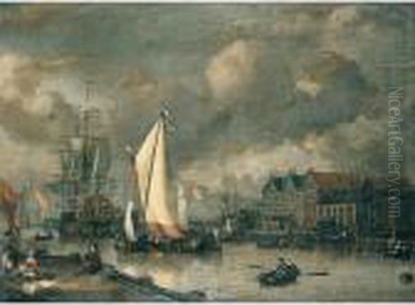 A Dutch Two Decker And Other Shipping At Anchor Along A Quayside - view 1