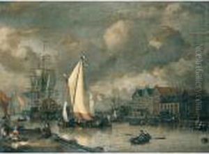 A Dutch Two Decker And Other Shipping At Anchor Along A Quayside by Jan Claes Rietschoof