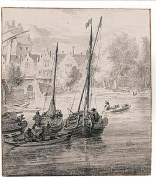 River Landscape With Fishing Boats And A Village Beyond - view 1