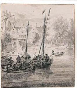 River Landscape With Fishing Boats And A Village Beyond by Jan Claes Rietschoof