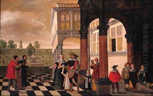 One of the Seven Acts of Mercy a family welcoming an elderly couple in the portico of a palatial mansion