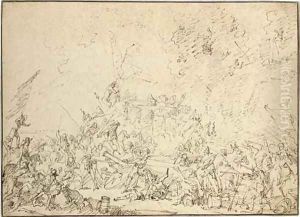 A battle scene with an army attacking the walls of a city by Filippo (Il Napoletano) D'Angeli