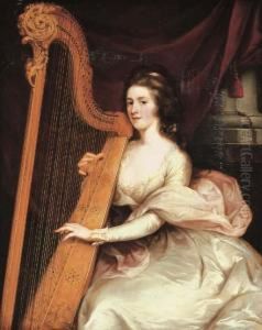 Portrait Of Lady Jane Mildmay,
Seated Three-quarter-length, In Awhite Silk Dress Playing The Harp by John Francis Rigaud
