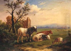 Cattle With A Goat In A Meadow by Charles Desan
