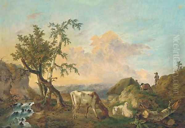 Sheep and cattle grazing beside a stream with a shepherd looking on - view 1