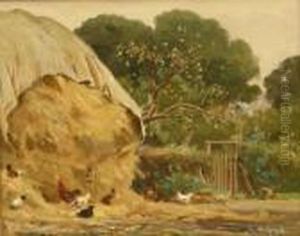 Straw Stack With Hens by Ernest Higgins Rigg