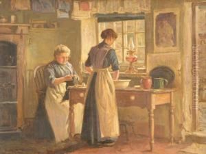 Morning Chores-adales Cottage Kitchen by Ernest Higgins Rigg