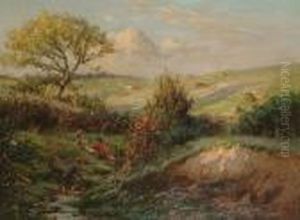 A Sunlit Landscape With Children Playing On A Riverbank In The Foreground A Sunlit Landscape With Children Playing On A Riverbank In The Foreground
