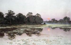 River Landscape At Sunset by Albert Gabriel Rigolot
