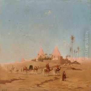 Bedouins On Their Camels Passing Pyramids, Egypt