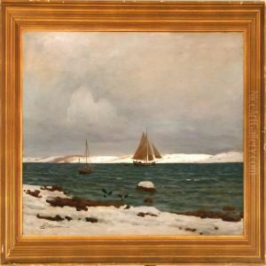 Winter Day With A Sailing Ships On Calm Water