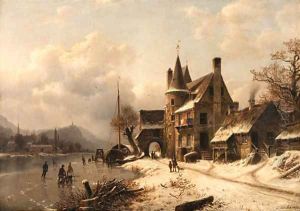 A village in winter by a frozen stream by Johannes Bartolomaus Duntze