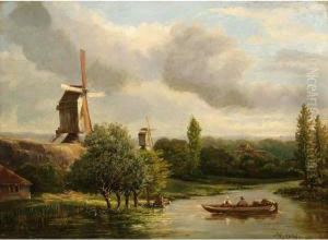River Landscape With Figures In A Boat by Hermanus Jan Hendrik Rijkelijkhuijsen