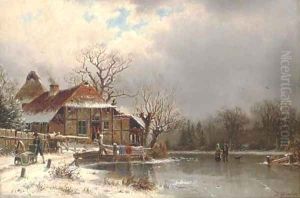 Figures at a cottage on a frozen waterway