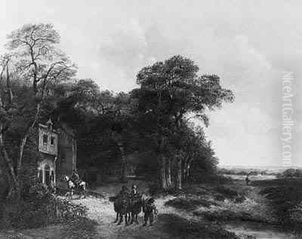 A Wooded Landscape With Travellers By A Farm - view 1