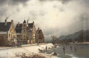 Skaters on a winter waterway