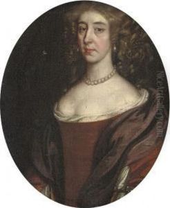 Portrait Of A Lady, Half-length,
 In A Brown Dress And Brown Wrap, With A Pearl Necklace And Earrings
