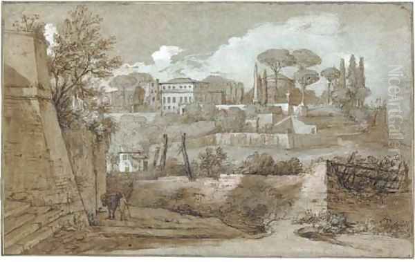 A view of houses and temples on a hill with pine trees, Rome - view 1