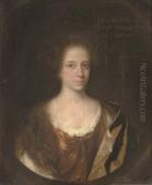 Portrait Of Martha Gregge,
Bust-length, In A Red Dress With A Black And Yellow Wrap, In A Sculpted
Cartouche - view 1