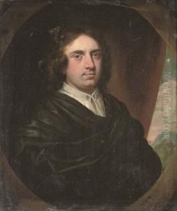 Portrait Of Sir Humphrey Fynch, 
Half-length, In A Dark Green Robe And White Shirt, A Curtain And 
Landscape Beyond, In A Feigned Oval