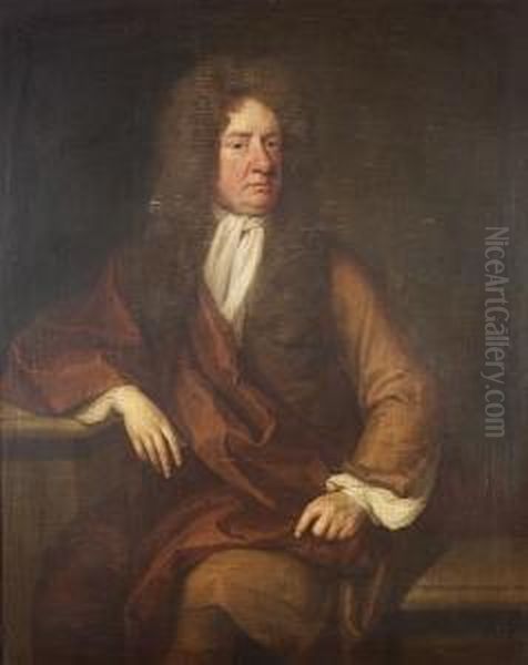 Portrait Of A Gentleman,
Three-quarter Length, In A Brown Coat, Maroon Robe And White Jabot,
Seated On A Stone Bench Beside A Stone Plinth - view 1