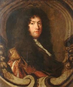 Portrait Of A Gentleman, 
Bust-length, With A Brown Wrap And A White Lace Jabot, In A Stone 
Cartouche