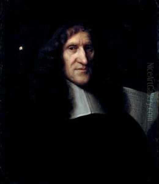 Portrait Of A Cleric,
Bust-length, In White Stock With The Book Of The Apocalypse And An
Hourglass - view 1