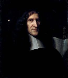 Portrait Of A Cleric,
Bust-length, In White Stock With The Book Of The Apocalypse And An
Hourglass by John Riley