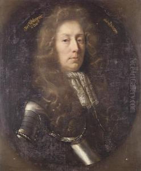 Portrait Of A Gentleman, Said To
Be Sir Charles Musgrave, Half-length, In Armour With A Lace Jabot, In A
Painted Oval - view 1