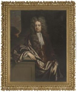 Portrait Of A Gentleman, 
Three-quarter-length, In A Brown Coat Andwrap, His Right Arm Resting On A
 Plinth, A Landscape Beyond