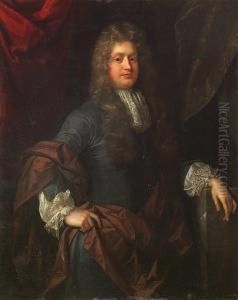A Portrait Of A Gentleman In A Blue Coat And Lace Collar, Three-quarter Length by John Riley