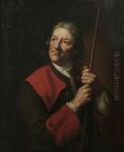 Portrait Of A Servant In A Red And Brown Coat And A White Cravat, Holding A Staff by John Riley