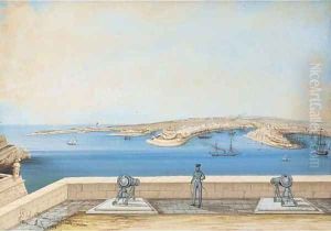 A military figure standing on the battlement overlooking the bay of Malta by Paolo Andrea Deangelis