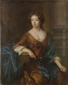 Portrait Of A Lady, Said To Be 
Lady Fanshawe, Three-quarter-length, In A Brown Dress With A Blue Shawl,
 Holding A Posy, Before A Column