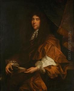 Portrait Of James Gulston Of 
Widial, Three-quarter Length, Seated With His Dog, With Tassled Curtain 
And Landscape Beyond