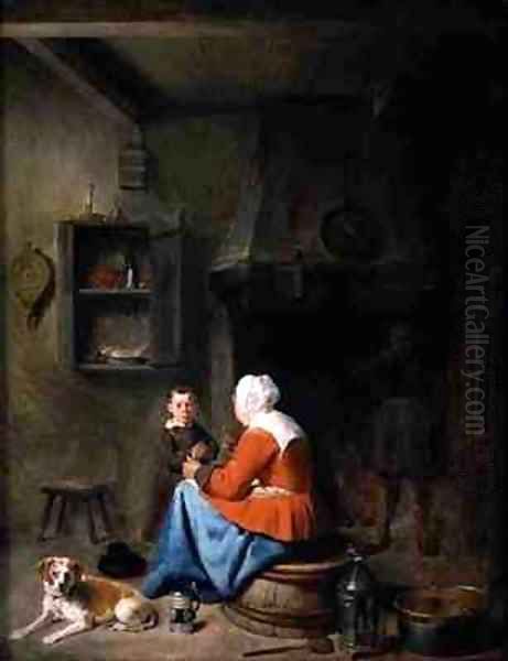 Woman teaching a boy to pray in a kitchen - view 1