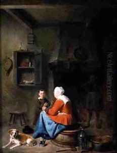 Woman teaching a boy to pray in a kitchen by Pieter Jacobsz Duyfhuyzen