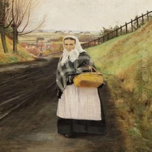 An Old Woman With A Basketon A Road, In The Background The Red Roofs Of The Village by L.A. Ring