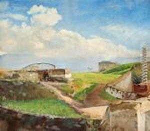 Lock At Pompeji. A Painter At Work Under A Parasol by Laurits Andersen Ring