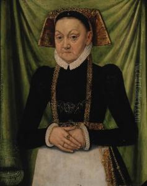 Portrait Of A Lady,
Three-quarter-length, In A Black And Whitedress And A Gold Embroidered
Headdress - view 1